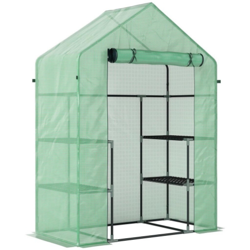 SERRA DA GIARDINO CON 2 MENSOLE A 3 LIVELLI E INGRESSO A ZIP, IN ACCIAIO E PE, 142X73X195 CM, VERDE