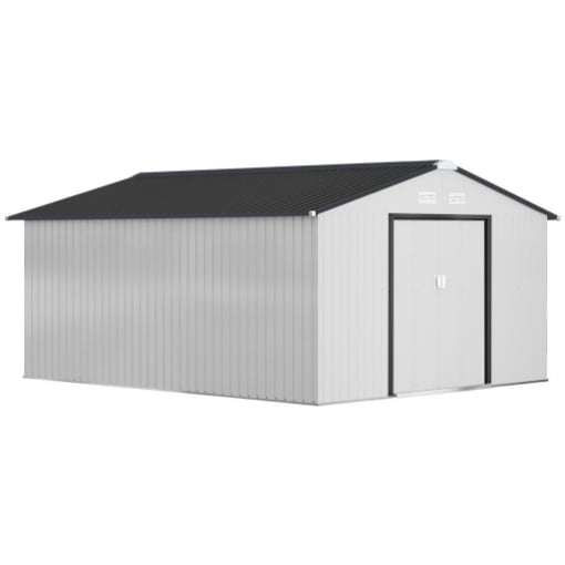 CASETTA DA GIARDINO 3.4X3.8X2 M IN ACCIAIO CON DOPPIA PORTA SCORREVOLE E TETTO INCLINATO, ARGENTO