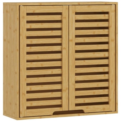 PENSILE BAGNO CON RIPIANO INTERNO REGOLABILE E ANTE A PERSIANA, IN BAMB¨, 60X20X60 CM, COLOR LEGNO