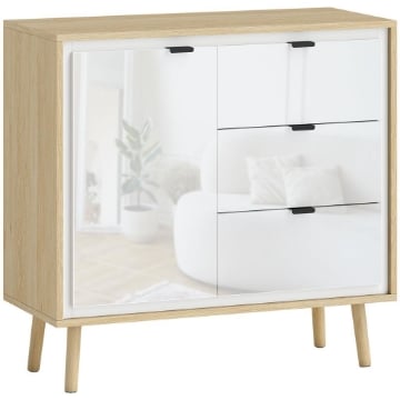 CREDENZA MODERNA CON 3 CASSETTI E ARMADIETTO, RIPIANO INTERNO REGOLABILE E ANTE LUCIDE, BIANCO E ROVERE
