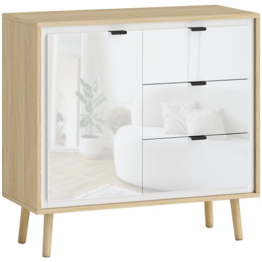 CREDENZA MODERNA CON 3 CASSETTI E ARMADIETTO, RIPIANO INTERNO REGOLABILE E ANTE LUCIDE, BIANCO E ROVERE