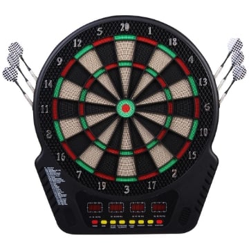 BERSAGLIO FRECCETTE CON 6 FRECCETTE, ALIMENTATORE, 4 DISPLAY LED E 27 GIOCHI, IN ABS E PP, 44X51.5X3.2 CM, NERO