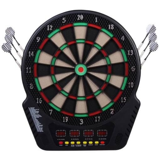BERSAGLIO FRECCETTE CON 6 FRECCETTE, ALIMENTATORE, 4 DISPLAY LED E 27 GIOCHI, IN ABS E PP, 44X51.5X3.2 CM, NERO