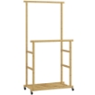 STENDER APPENDIABITI CON 2 BARRE, RIPIANO INFERIORE E 4 RUOTE IN BAMB¨, 80X40X160 CM, LEGNO NATURALE