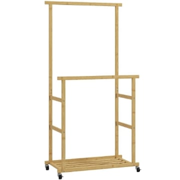 STENDER APPENDIABITI CON 2 BARRE, RIPIANO INFERIORE E 4 RUOTE IN BAMB¨, 80X40X160 CM, LEGNO NATURALE