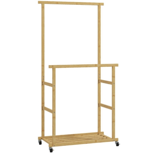 STENDER APPENDIABITI CON 2 BARRE, RIPIANO INFERIORE E 4 RUOTE IN BAMB¨, 80X40X160 CM, LEGNO NATURALE