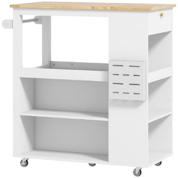 CARRELLO ISOLA DA CUCINA CON RIPIANI REGOLABILI, PORTACOLTELLI E PIANO IN LEGNO, 86.5X47X88 CM, BIANCO