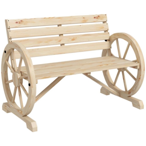 PANCHINA DA GIARDINO 2 POSTI A DOGHE CON BRACCIOLI A RUOTA DI CARRO, IN LEGNO, 105.5X56X79 CM, COLOR LEGNO