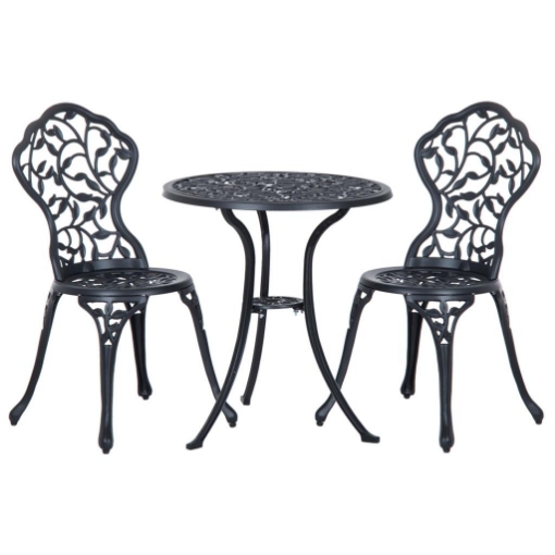 SET DA GIARDINO 3 PEZZI CON 2 SEDIE DA ESTERNO E TAVOLO ROTONDO IN ALLUMINIO, NERO
