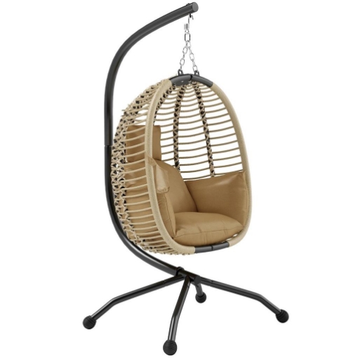 POLTRONA SOSPESA CON CUSCINO IMBOTTITO, SEDUTA PIEGHEVOLE E STRUTTURA IN ACCIAIO E CORDA, BEIGE