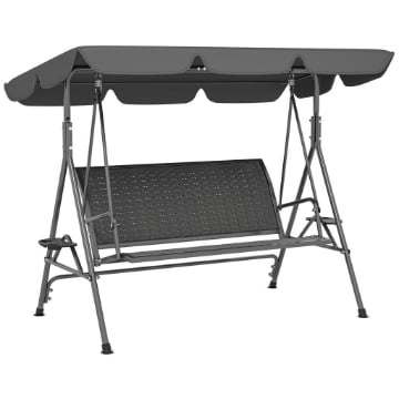 DONDOLO DA GIARDINO 3 POSTI IN RATTAN PE E ACCIAIO CON TETTUCCIO E PORTABICCHIERI, 204X112X150 CM, GRIGIO