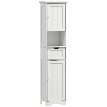 MOBILE COLONNA BAGNO IN LEGNO CON 2 ARMADIETTI CON SENSORE, RIPIANO APERTO E CASSETTO, 40X30X170 CM, BIANCO