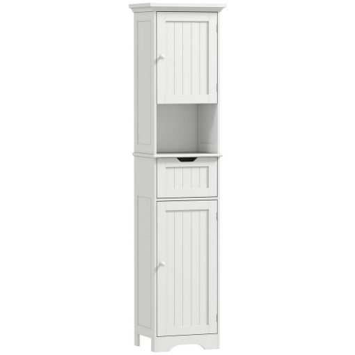 MOBILE COLONNA BAGNO IN LEGNO CON 2 ARMADIETTI CON SENSORE, RIPIANO APERTO E CASSETTO, 40X30X170 CM, BIANCO