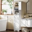 MOBILE COLONNA BAGNO IN LEGNO CON 2 ARMADIETTI CON SENSORE, RIPIANO APERTO E CASSETTO, 40X30X170 CM, BIANCO