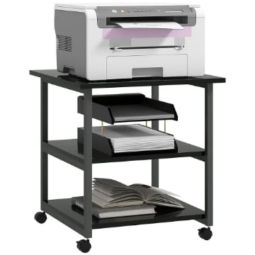 CARRELLO PORTA STAMPANTE A 3 RIPIANI CON 4 RUOTE, LEGNO E ACCIAIO, 50X50X52.5CM, NERO