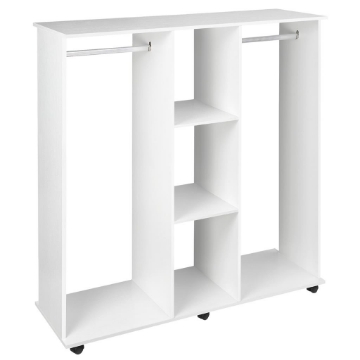ARMADIO GUARDAROBA A ROTELLE CON 2 BARRE E 3 RIPIANI APERTI, IN LEGNO E ALLUMINIO, 120X40X128 CM, BIANCO