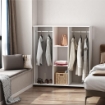 ARMADIO GUARDAROBA A ROTELLE CON 2 BARRE E 3 RIPIANI APERTI, IN LEGNO E ALLUMINIO, 120X40X128 CM, BIANCO