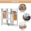 ARMADIO GUARDAROBA A ROTELLE CON 2 BARRE E 3 RIPIANI APERTI, IN LEGNO E ALLUMINIO, 120X40X128 CM, BIANCO
