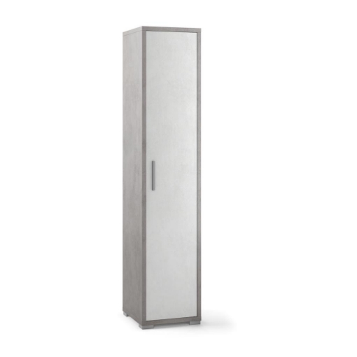 ARMADIO A COLONNA IN LEGNO CON 1 ANTA COMPOSTO DA 2 RIPIANI REGOLABILI E 2 FISSI 182X39X41 CM, COLORE CEMENTO E BIANCO