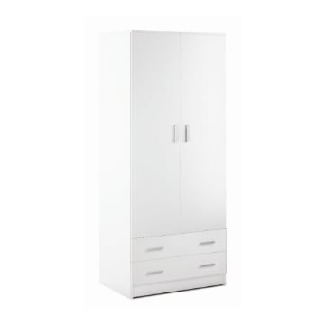 ARMADIO DA ARREDO IN LEGNO BIANCO CON 2 ANTE, BARRA PORTABITI E RIPIANO REGOLABILE E 2 CASSETTI 182X77X52 CM