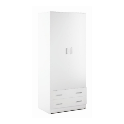 ARMADIO DA ARREDO IN LEGNO BIANCO CON 2 ANTE, BARRA PORTABITI E RIPIANO REGOLABILE E 2 CASSETTI 182X77X52 CM