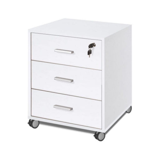 CASSETTIERA DA UFFICIO IN LEGNO BIANCO CON 3 CASSETTI E 4 RUOTE CON BLOCCO 70X50X41 CM