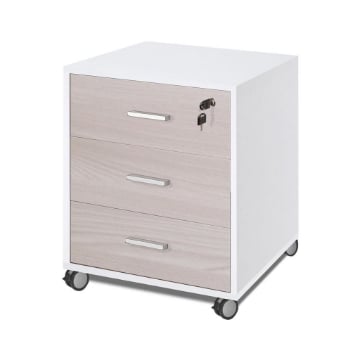 CASSETTIERA DA UFFICIO IN LEGNO CON 3 CASSETTI E 4 RUOTE CON BLOCCO 70X50X41 CM, COLORE BIANCO E OLMO CHIARO