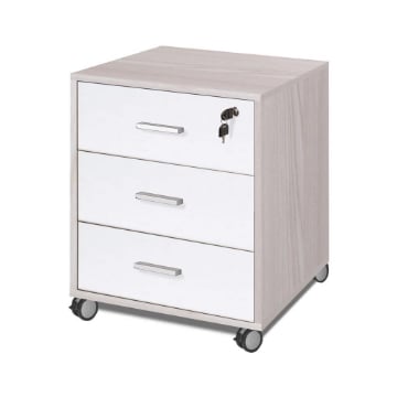 CASSETTIERA DA UFFICIO IN LEGNO CON 3 CASSETTI E 4 RUOTE CON BLOCCO 70X50X41 CM, COLORE BIANCO E OLMO CHIARO
