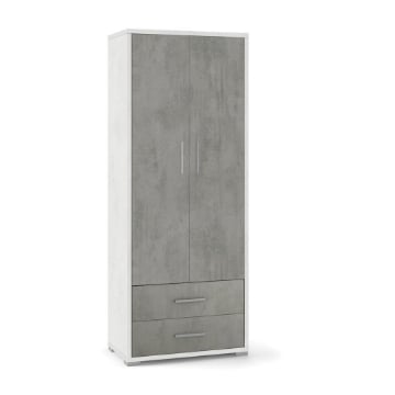 ARMADIO DA ARREDO IN LEGNO CON 2 ANTE E 2  CASSETTI DIMENSIONI 182X71X41 CM, COLORE OSSIDO BIANCO E CEMENTO