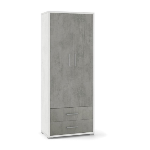 ARMADIO DA ARREDO IN LEGNO CON 2 ANTE E 2  CASSETTI DIMENSIONI 182X71X41 CM, COLORE OSSIDO BIANCO E CEMENTO