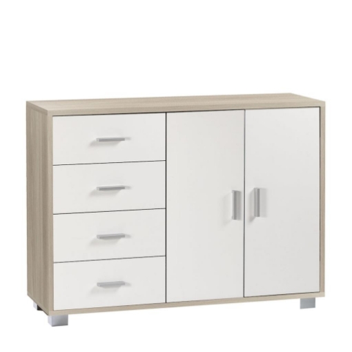 MOBILE DA ARREDO IN LEGNO CON 2 ANTE, 4 CASSETTI DIMENSIONI 86X116X41 CM , COLORE OLMO CHIARO E BIANCO