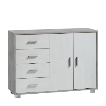 MOBILE DA ARREDO IN LEGNO CON 2 ANTE, 4 CASSETTI DIMENSIONI 86X116X41 CM , COLORE CEMENTO E OSSIDO BIANCO
