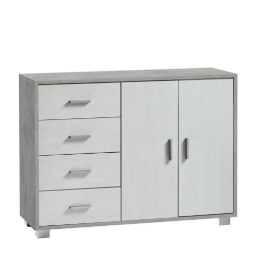 MOBILE DA ARREDO IN LEGNO CON 2 ANTE, 4 CASSETTI DIMENSIONI 86X116X41 CM , COLORE CEMENTO E OSSIDO BIANCO