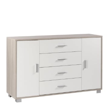 MOBILE DA ARREDO IN LEGNO CON 2 ANTE, 4 CASSETTI DIMENSIONI 86X136X41 , COLORE OLMO CHIARO E BIANCO