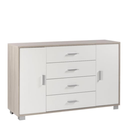 MOBILE DA ARREDO IN LEGNO CON 2 ANTE, 4 CASSETTI DIMENSIONI 86X136X41 , COLORE OLMO CHIARO E BIANCO