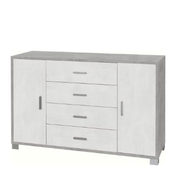 MOBILE DA ARREDO IN LEGNO CON 2 ANTE, 4 CASSETTI DIMENSIONI 86X136X41 , COLORE CEMENTO E OSSIDO BIANCO