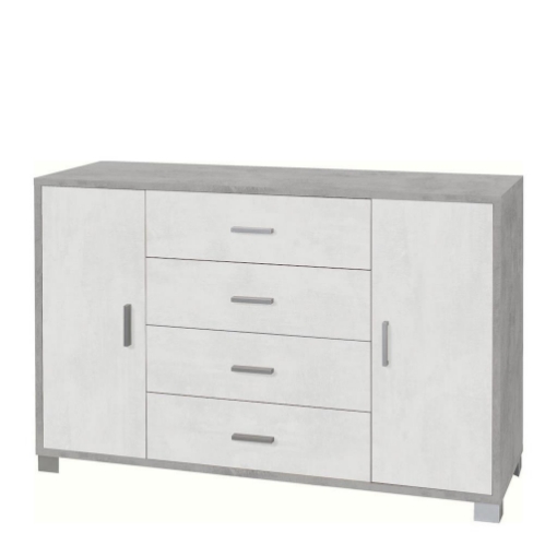 MOBILE DA ARREDO IN LEGNO CON 2 ANTE, 4 CASSETTI DIMENSIONI 86X136X41 , COLORE CEMENTO E OSSIDO BIANCO