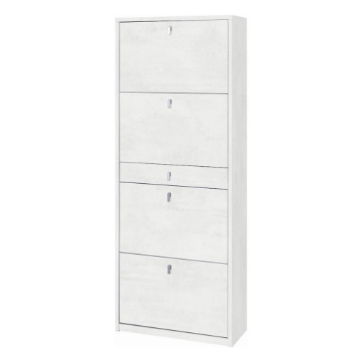 SCARPIERA SALVASPAZIO IN LEGNO CON 4 ANTE A RIBALTA E 1 CASSETTO CENTRALE 164X63X29 CM COLORE OSSIDO BIANCO