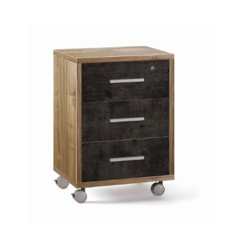 CASSETTIERA DA UFFICIO IN LEGNO CON 3 CASSETTI, 4 RUOTE E BLOCCO 71X51X41 CM COLORE NOCE E OSSIDO NERO