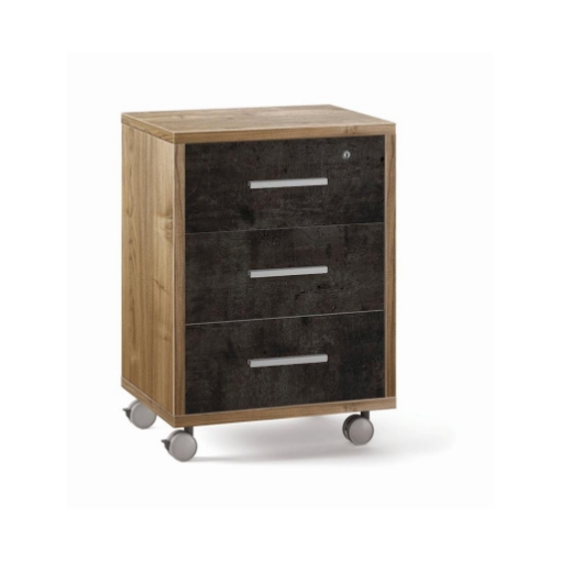 CASSETTIERA DA UFFICIO IN LEGNO CON 3 CASSETTI, 4 RUOTE E BLOCCO 71X51X41 CM COLORE NOCE E OSSIDO NERO