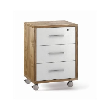 CASSETTIERA DA UFFICIO IN LEGNO CON 3 CASSETTI, 4 RUOTE E BLOCCO 71X51X41 CM COLORE NOCE E OSSIDO BIANCO