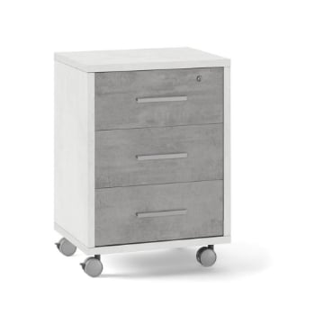 CASSETTIERA DA UFFICIO IN LEGNO CON 3 CASSETTI, 4 RUOTE E BLOCCO 71X51X41 CM COLORE OSSIDO BIANCO E CEMENTO