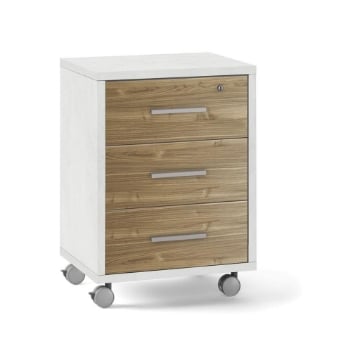 CASSETTIERA DA UFFICIO IN LEGNO CON 3 CASSETTI, 4 RUOTE E BLOCCO 71X51X41 CM COLORE BIANCO OSSIDO E NOCE