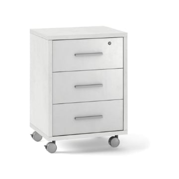 CASSETTIERA DA UFFICIO IN LEGNO CON 3 CASSETTI, 4 RUOTE E BLOCCO 71X51X41 CM COLORE OSSIDO BIANCO