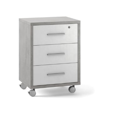 CASSETTIERA DA UFFICIO IN LEGNO CON 3 CASSETTI, 4 RUOTE E BLOCCO 71X51X41 CM COLORE CEMENTO E OSSIDO BIANCO
