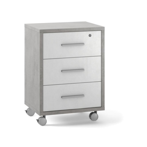 CASSETTIERA DA UFFICIO IN LEGNO CON 3 CASSETTI, 4 RUOTE E BLOCCO 71X51X41 CM COLORE CEMENTO E OSSIDO BIANCO