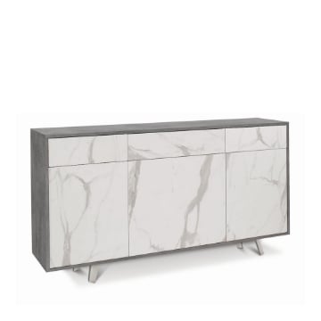 MOBILE DA ARREDO IN LEGNO CON PIEDINI. 3 ANTE E 3 CASSETTI 92X164X41 CM COLORE CEMENTO E MARMO CALACATTA