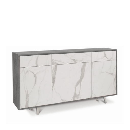MOBILE DA ARREDO IN LEGNO CON PIEDINI. 3 ANTE E 3 CASSETTI 92X164X41 CM COLORE CEMENTO E MARMO CALACATTA