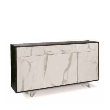 MOBILE DA ARREDO IN LEGNO CON PIEDINI. 3 ANTE E 3 CASSETTI 92X164X41 CM COLORE OSSIDO NERO E MARMO CALACATTA