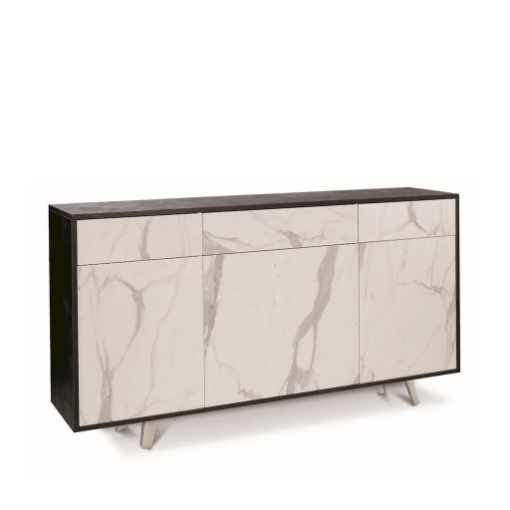 MOBILE DA ARREDO IN LEGNO CON PIEDINI. 3 ANTE E 3 CASSETTI 92X164X41 CM COLORE OSSIDO NERO E MARMO CALACATTA